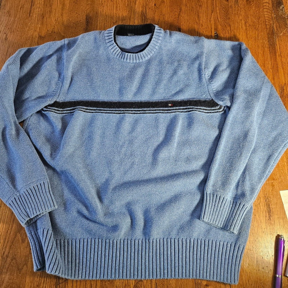 Tommy Hilfiger Mens Medium Blue Cotton Wool Blend Striped Knit Sweater - Picture 8 of 10